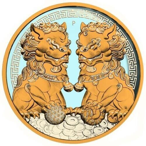 1 Oz Silver Coin 2020 $1 Australia Guardian Sky Lions Pixiu - Turquoise & Yellow-classypw.com-1