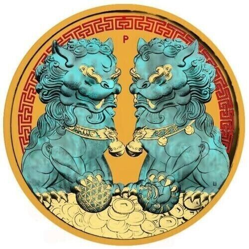 1 Oz Silver Coin 2020 $1 Australia Guardian Sky Lions The Pixiu - Yellow & Blue
