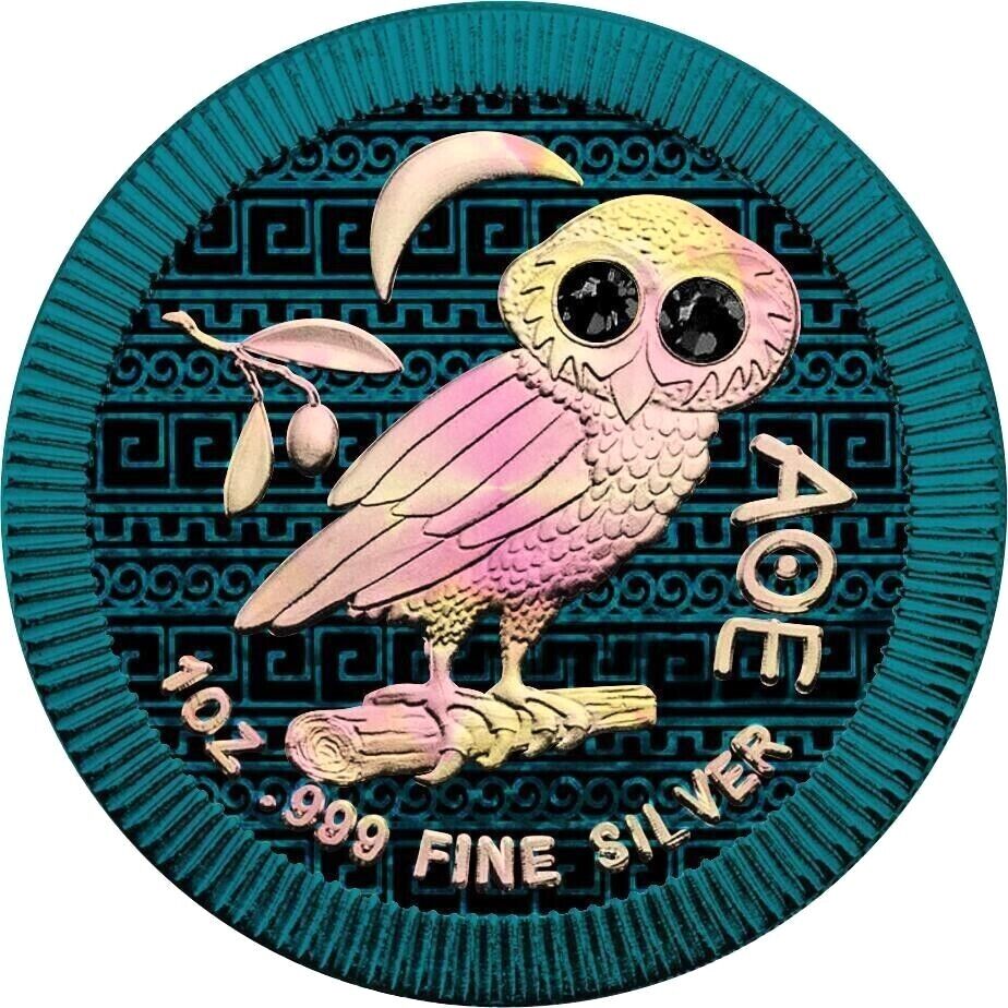 1 Oz Silver Coin 2020 $2 Niue Athenian Owl Swarovski Crystal Eyes - Black Eyes