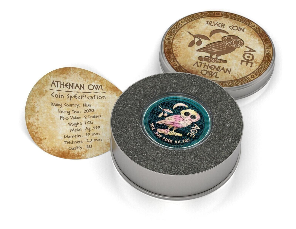 1 Oz Silver Coin 2020 $2 Niue Athenian Owl Swarovski Crystal Eyes - Black Eyes