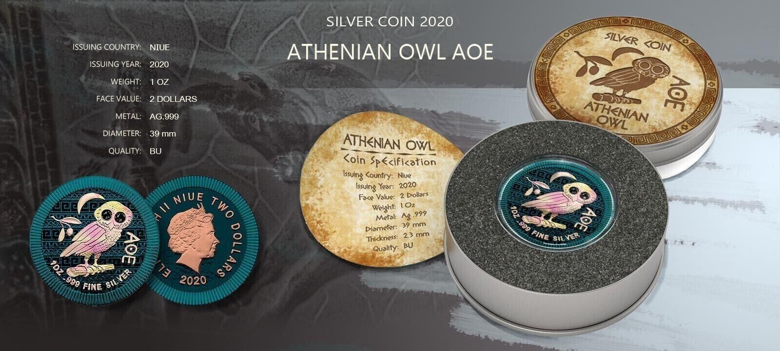 1 Oz Silver Coin 2020 $2 Niue Athenian Owl Swarovski Crystal Eyes - Black Eyes