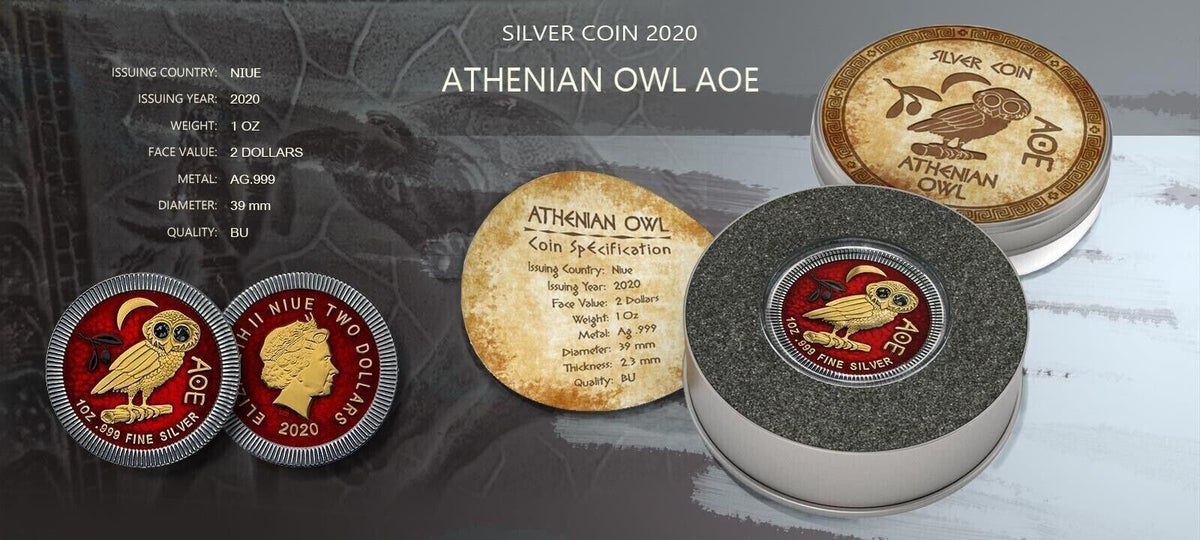 1 Oz Silver Coin 2020 $2 Niue Athenian Owl Swarovski Crystal Eyes - Pallada