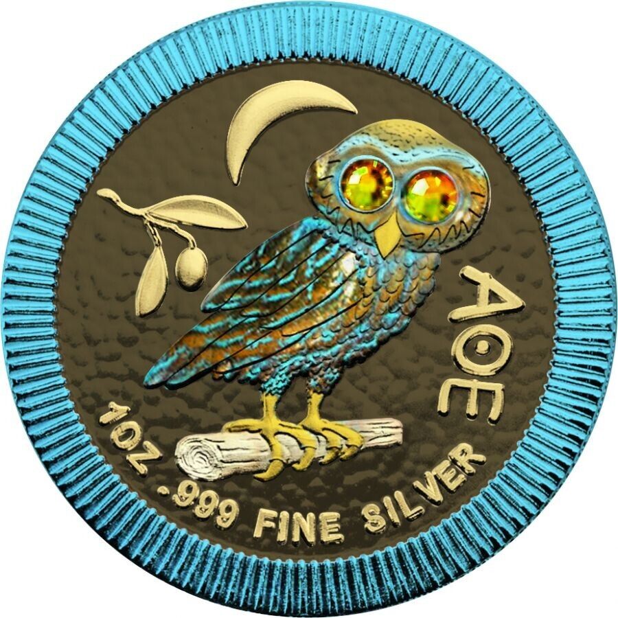 1 Oz Silver Coin 2020 $2 Niue Athenian Owl Swarovski Crystal Eyes - Space Blue-classypw.com-1