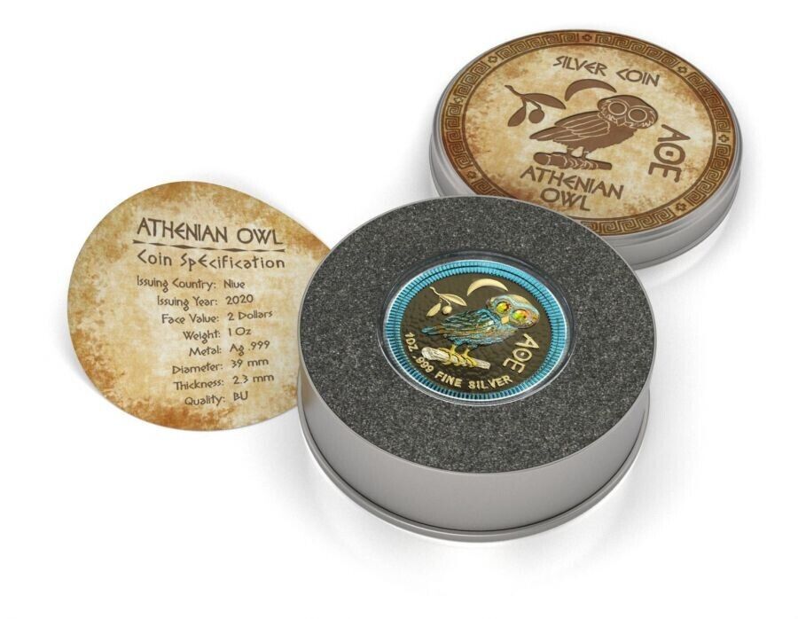 1 Oz Silver Coin 2020 $2 Niue Athenian Owl Swarovski Crystal Eyes - Space Blue-classypw.com-3