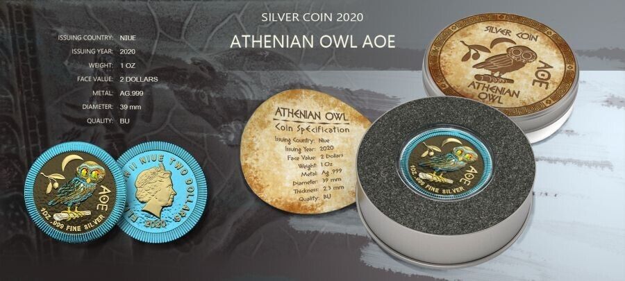 1 Oz Silver Coin 2020 $2 Niue Athenian Owl Swarovski Crystal Eyes - Space Blue-classypw.com-4