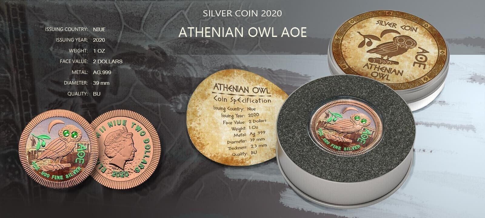 1 Oz Silver Coin 2020 $2 Niue Athenian Owl Swarovski Eyes - Athens