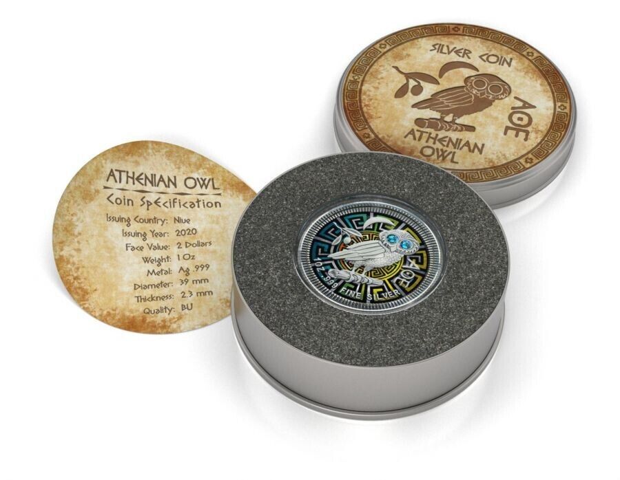 1 Oz Silver Coin 2020 $2 Niue Athenian Owl Swarovski Eyes - Blue Eyes-classypw.com-3