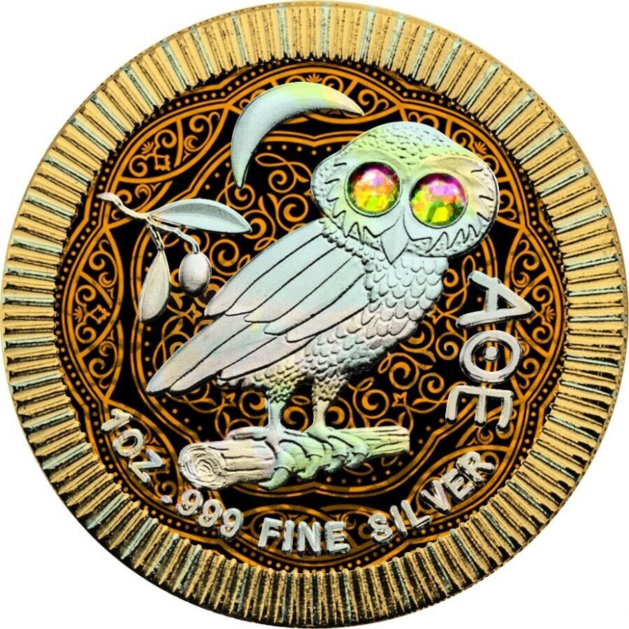 1 Oz Silver Coin 2020 $2 Niue Athenian Owl Swarovski Eyes - Gilded Holo-classypw.com-1