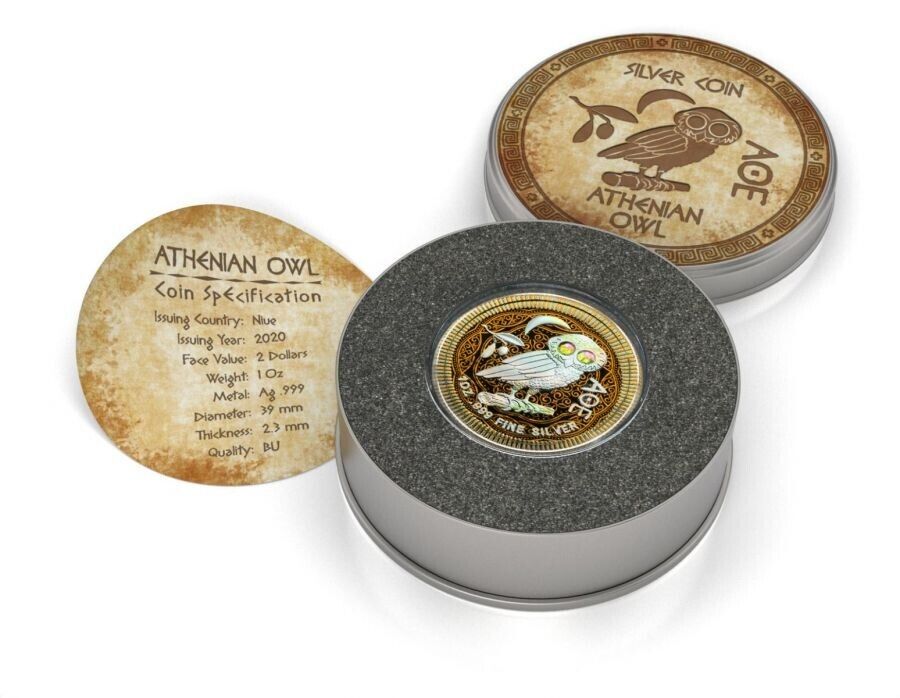 1 Oz Silver Coin 2020 $2 Niue Athenian Owl Swarovski Eyes - Gilded Holo-classypw.com-3