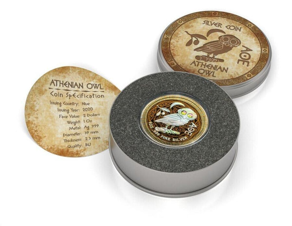 1 Oz Silver Coin 2020 $2 Niue Athenian Owl Swarovski Eyes - Gilded