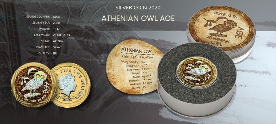 1 Oz Silver Coin 2020 $2 Niue Athenian Owl Swarovski Eyes - Gilded Holo-classypw.com-4