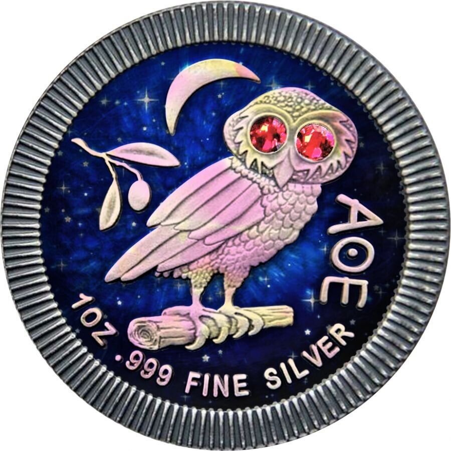 1 Oz Silver Coin 2020 $2 Niue Athenian Owl Swarovski Eyes - Night Sky-classypw.com-1
