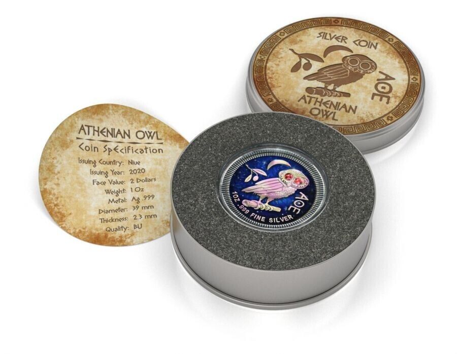 1 Oz Silver Coin 2020 $2 Niue Athenian Owl Swarovski Eyes - Night Sky-classypw.com-3