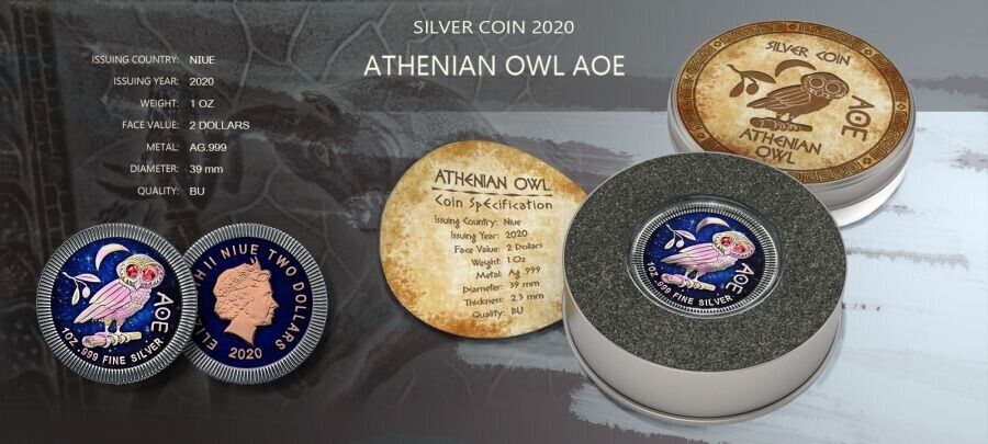 1 Oz Silver Coin 2020 $2 Niue Athenian Owl Swarovski Eyes - Night Sky-classypw.com-4