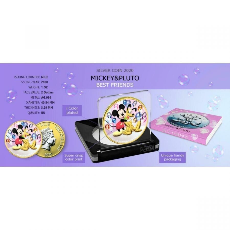 1 Oz Silver Coin 2020 $2 Niue Disney Mickey Mouse & Pluto Best Friends Balloons-classypw.com-4