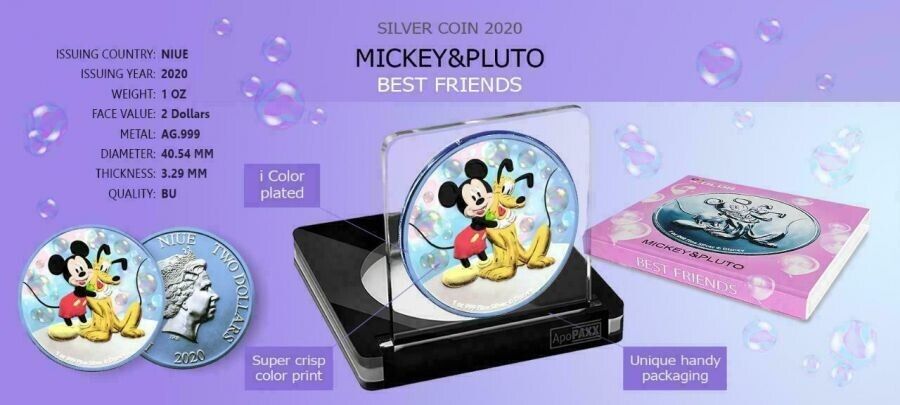 1 Oz Silver Coin 2020 $2 Niue Disney Mickey Mouse &amp; Pluto Best Friends - Bubbles-classypw.com-4