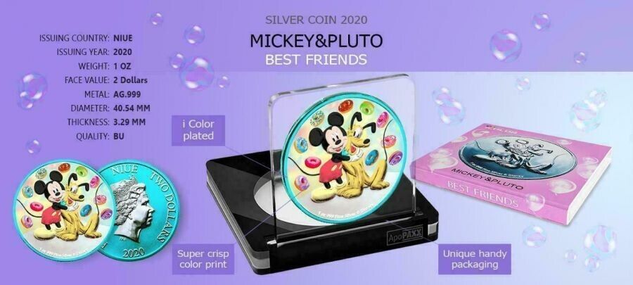 1 Oz Silver Coin 2020 $2 Niue Disney Mickey Mouse &amp; Pluto Best Friends - Donuts-classypw.com-4