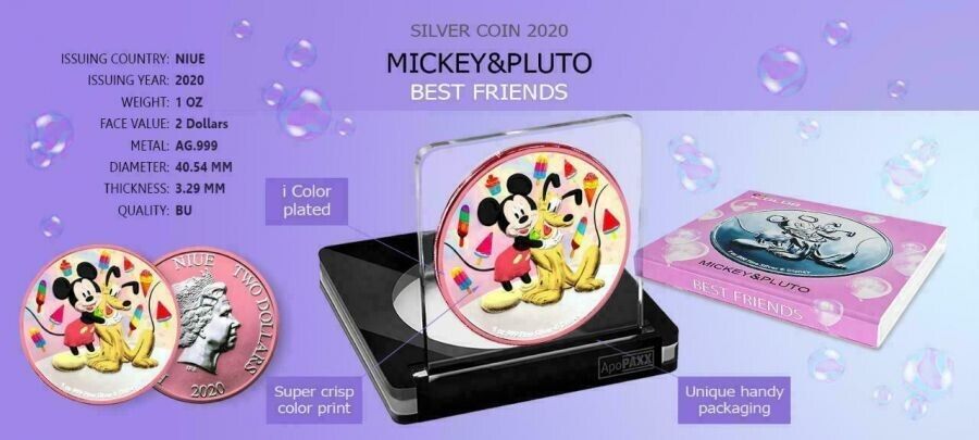 1 Oz Silver Coin 2020 $2 Niue Disney Mickey Mouse & Pluto Best Friends Ice Cream-classypw.com-4