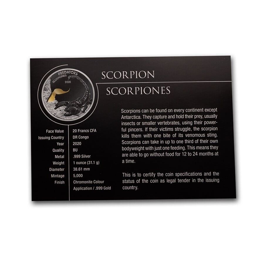 1 Oz Silver Coin 2020 20 Fran CFA Congo Colorized Predators Scorpiones Scorpion-classypw.com-3