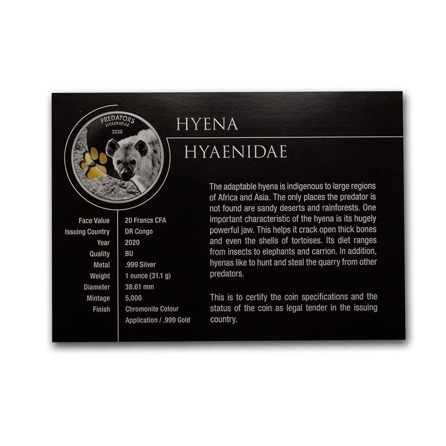1 Oz Silver Coin 2020 20 Frances CFA Congo Colorized Predators Hyaenidae Hyena-classypw.com-3
