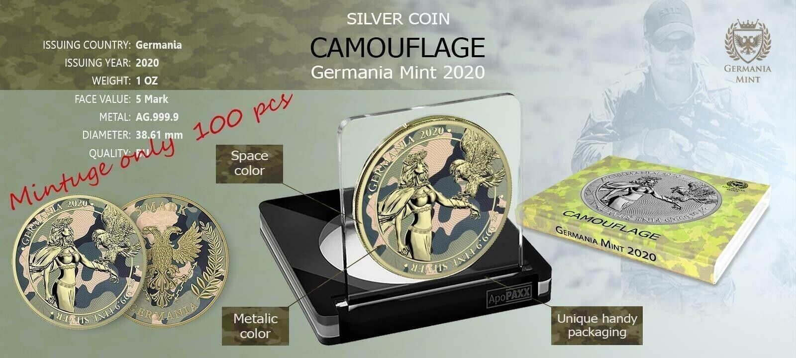 1 Oz Silver Coin 2020 5 Mark Germania Camouflage Edition - Camelia-classypw.com-4