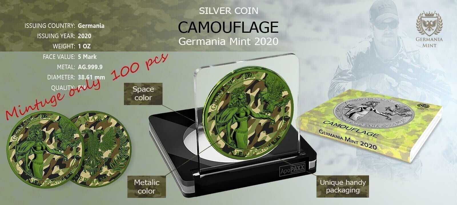 1 Oz Silver Coin 2020 5 Mark Germania Camouflage Edition - Katyn