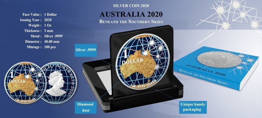 1 Oz Silver Coin 2020 Australia $1 Beneath the Southern Skies - Golden Map-classypw.com-4