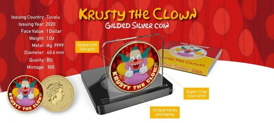 1 Oz Silver Coin 2020 Tuvalu $1 The Simpsons - Krusty the Clown The Krusty Show-classypw.com-4