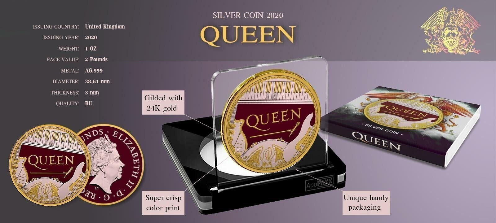 1 Oz Silver Coin 2020 UK £2 Queen Music Rock Band Colored Gilded Coin-classypw.com-4