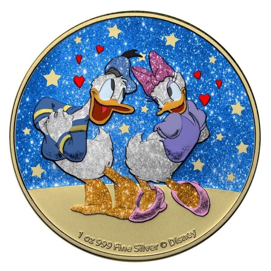 1 Oz Silver Coin 2021 $2 Disney Donald and Daisy Duck in Love Blue Glitter-classypw.com-1