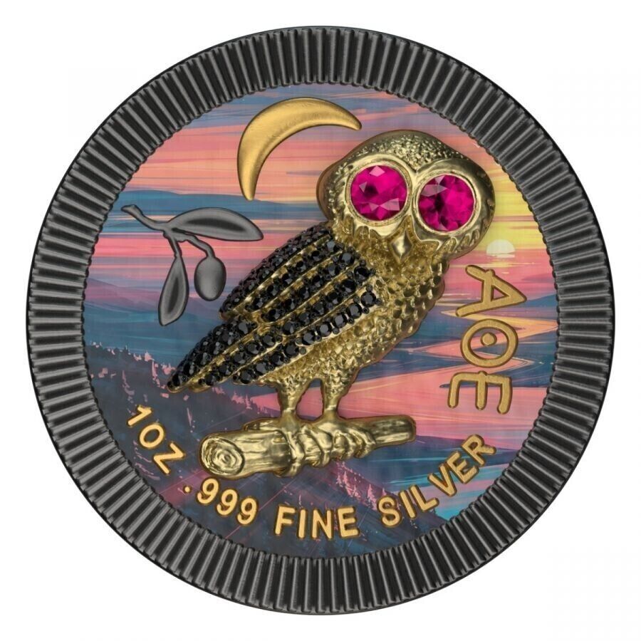 1 Oz Silver Coin 2021 $2 Niue Athenian Owl Swarovski Bejeweled - Night River-classypw.com-1