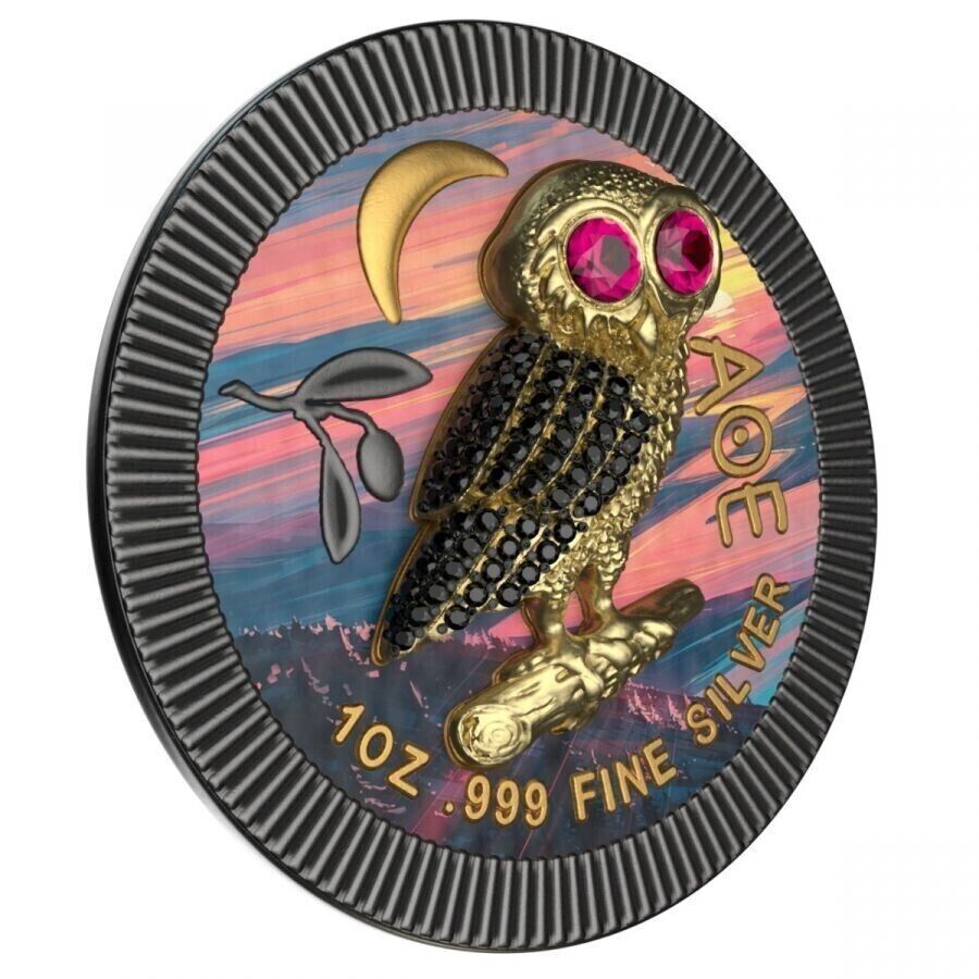1 Oz Silver Coin 2021 $2 Niue Athenian Owl Swarovski Bejeweled - Night River-classypw.com-2