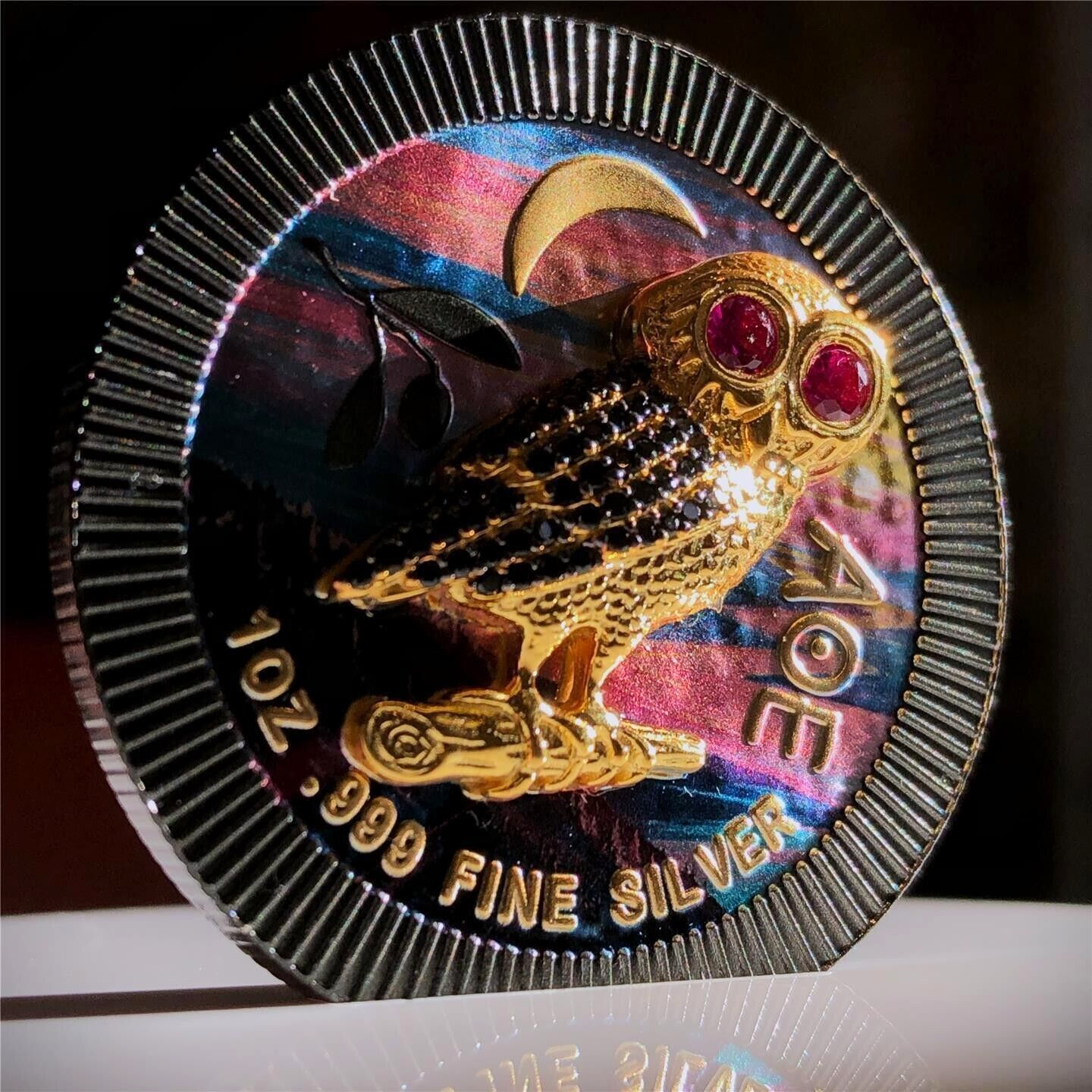 1 Oz Silver Coin 2021 $2 Niue Athenian Owl Swarovski Bejeweled - Night River-classypw.com-3