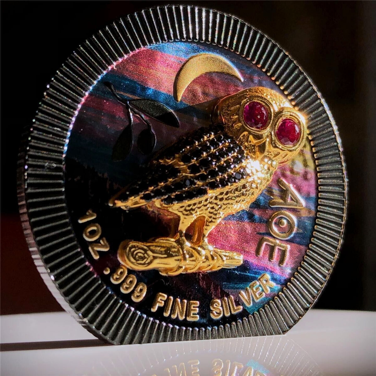 1 Oz Silver Coin 2021 $2 Niue Athenian Owl Swarovski Bejeweled - Night River-classypw.com-3