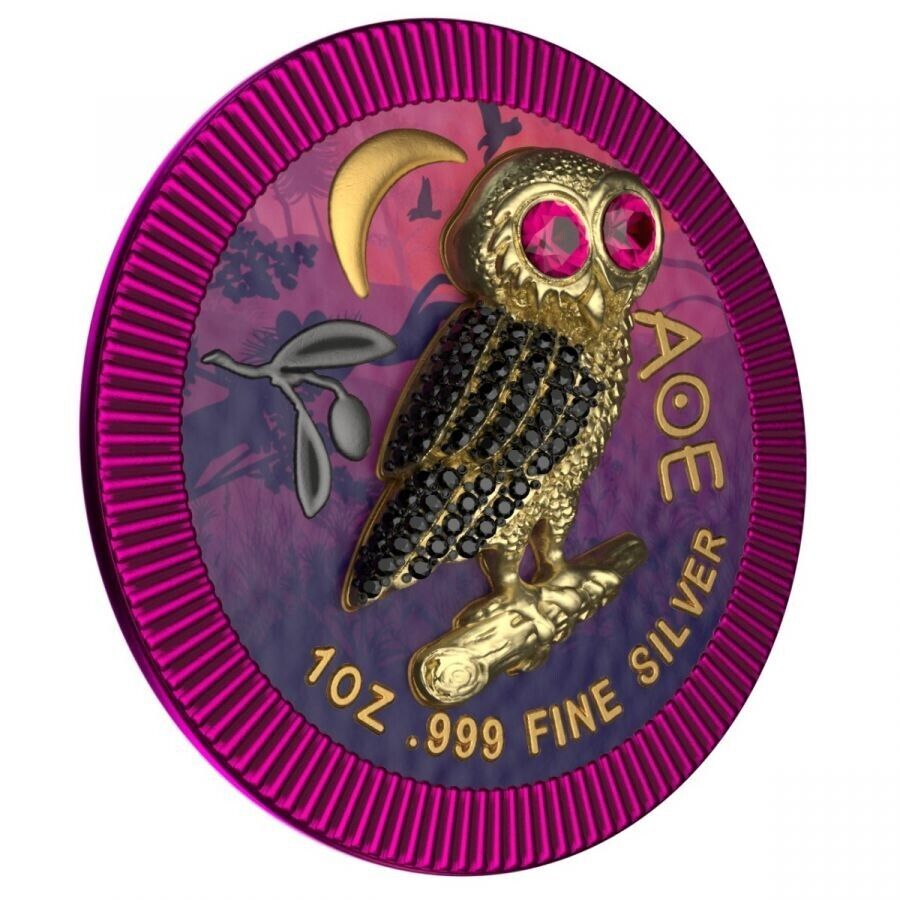 1 Oz Silver Coin 2021 $2 Niue Athenian Owl Swarovski Bejeweled - Purple Night-classypw.com-1