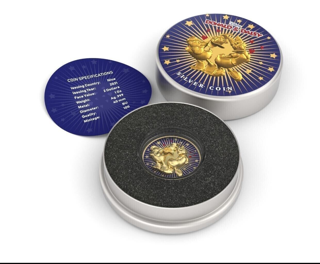 1 Oz Silver Coin 2021 $2 Niue Disney Donald and Daisy Duck in Love Gold Insert-classypw.com-5