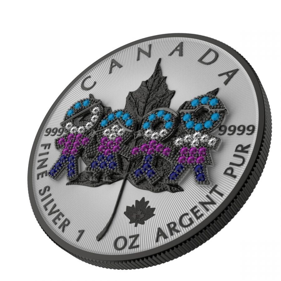1 Oz Silver Coin 2021 $5 Canada Maple Leaf Big Family Black Ruthenium Bejeweled-classypw.com-1