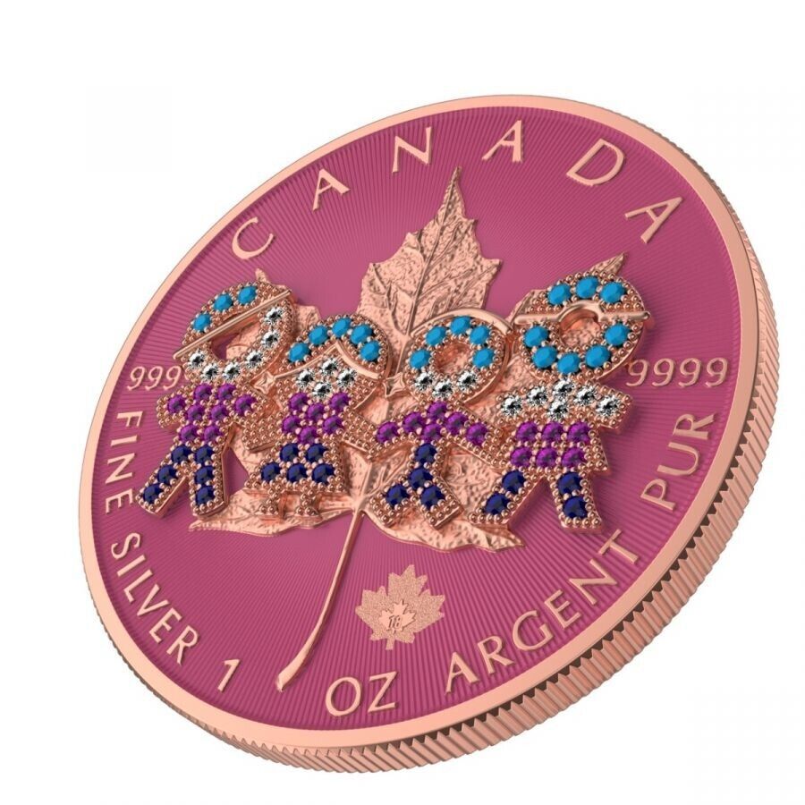 1 Oz Silver Coin 2021 $5 Canada Maple Leaf Big Family Pink Bejeweled Colored-classypw.com-1