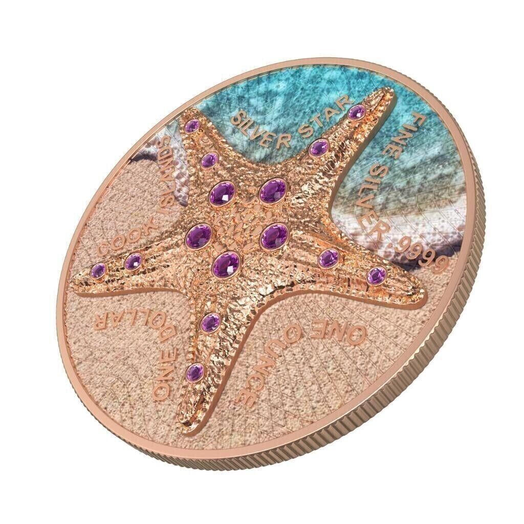 1 Oz Silver Coin 2021 Cook Islands $1 Sea Star Beach Pink Gold Star Crystals