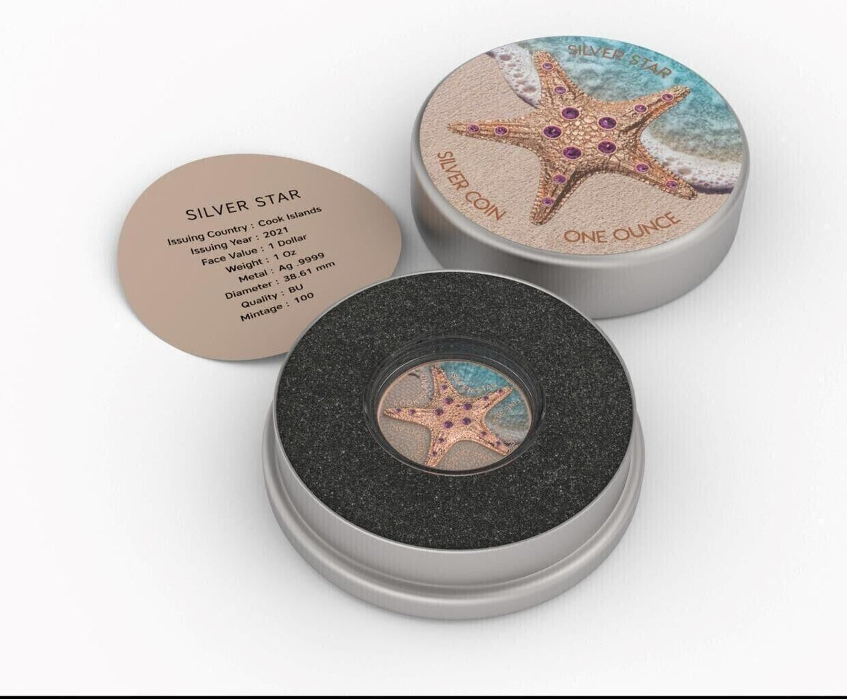 1 Oz Silver Coin 2021 Cook Islands $1 Sea Star Beach Pink Gold Star Crystals