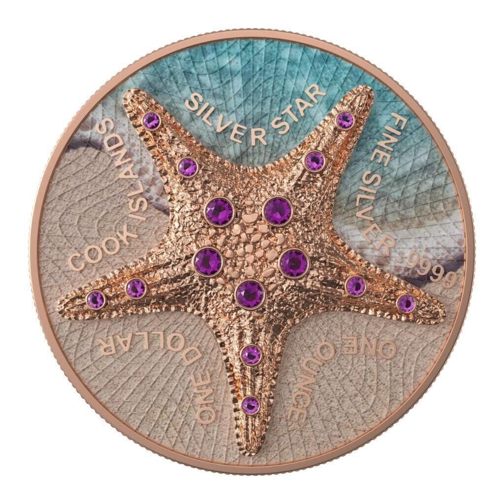 1 Oz Silver Coin 2021 Cook Islands $1 Sea Star Beach Pink Gold Star-classypw.com-1
