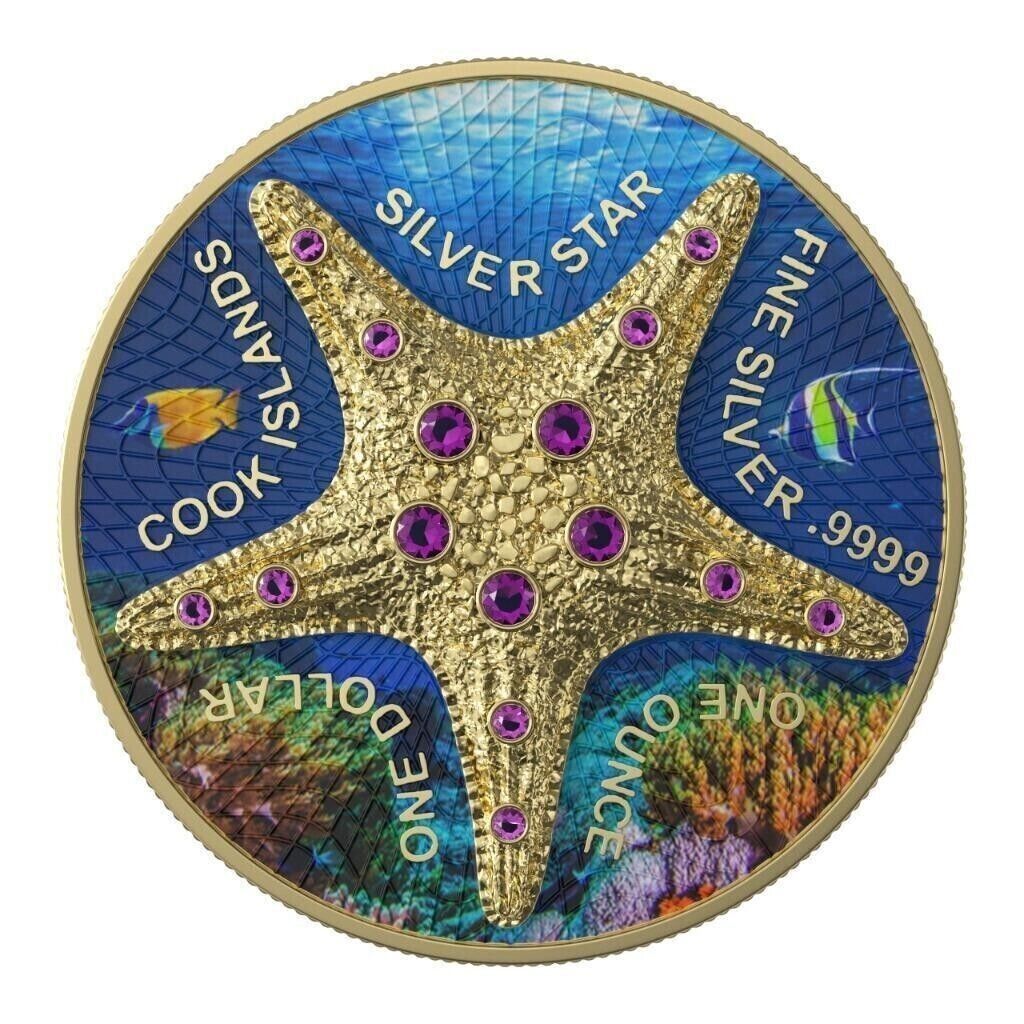 1 Oz Silver Coin 2021 Cook Islands $1 Sea Star Seabed Yellow Gold Star Crystals-classypw.com-1