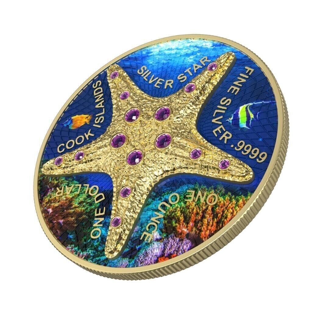 1 Oz Silver Coin 2021 Cook Islands $1 Sea Star Seabed Yellow Gold Star Crystals-classypw.com-2