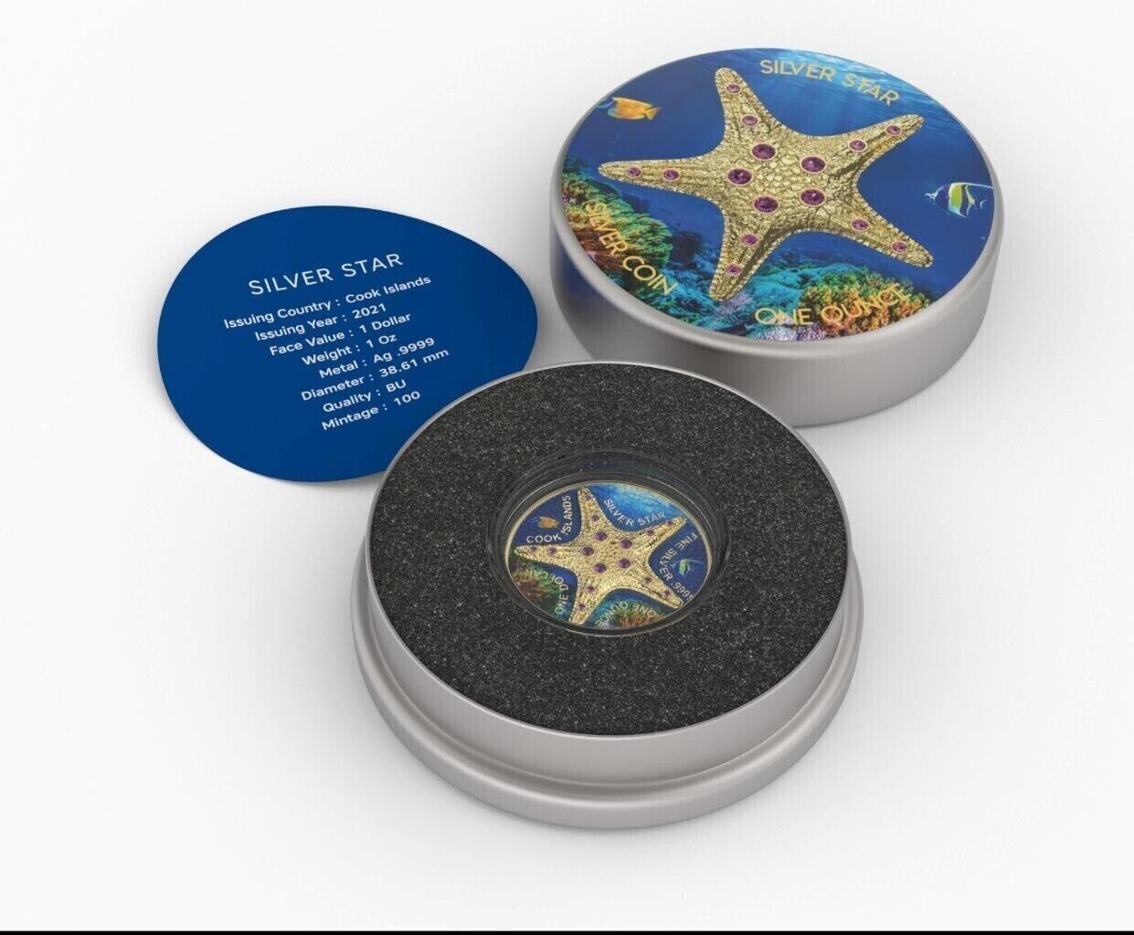 1 Oz Silver Coin 2021 Cook Islands $1 Sea Star Seabed Yellow Gold Star Crystals-classypw.com-4