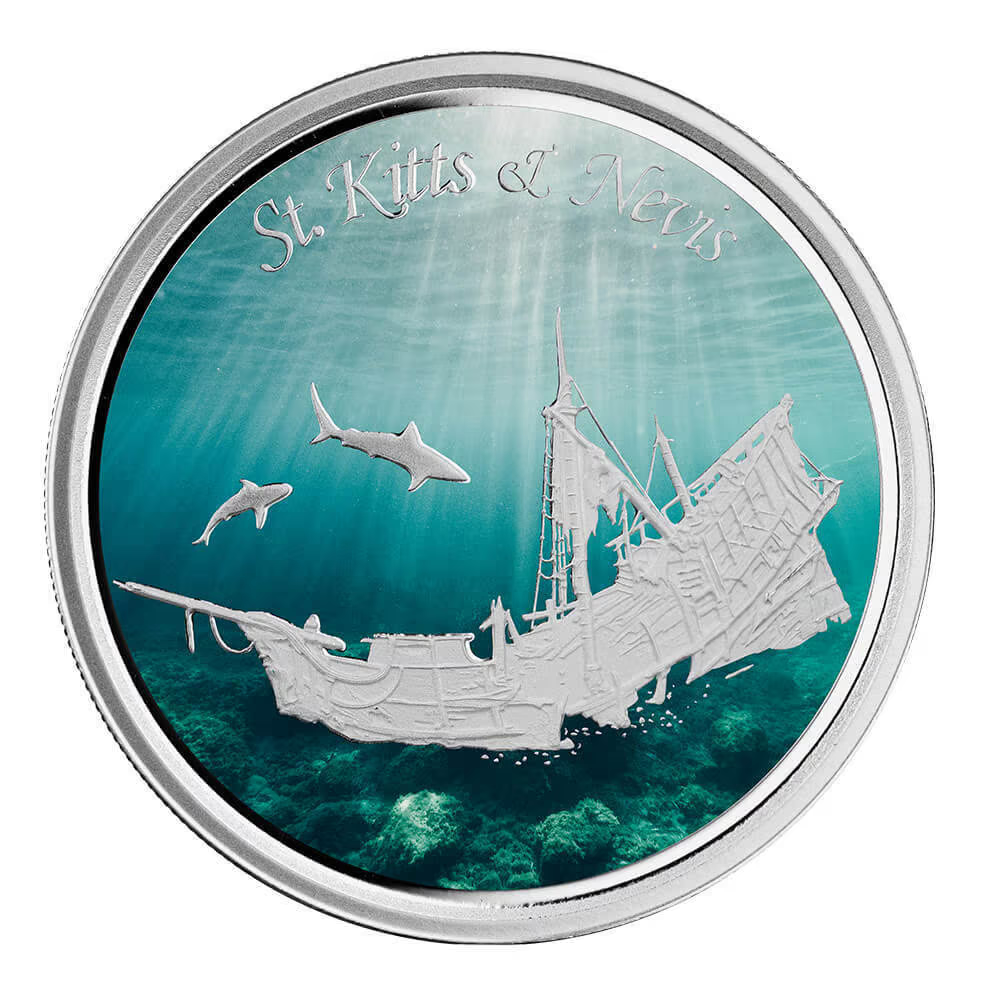 1 Oz Silver Coin 2021 EC8 Saint Kitts &amp; Nevis $2 Scottsdale Color - Sunken Ship-classypw.com-1