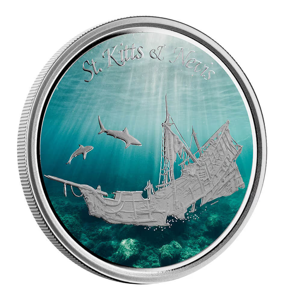 1 Oz Silver Coin 2021 EC8 Saint Kitts &amp; Nevis $2 Scottsdale Color - Sunken Ship-classypw.com-2