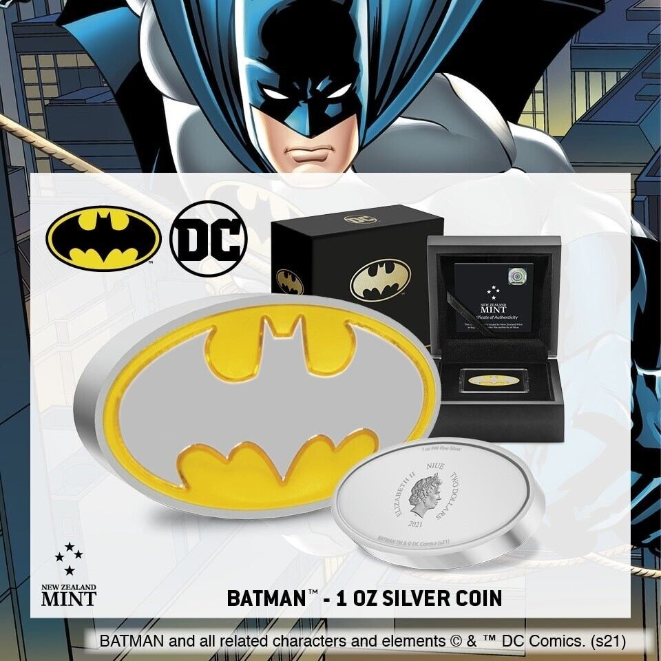 1 Oz Silver Coin 2021 Niue $2 DC Comics Batman Logo Colorized Shaped Proof