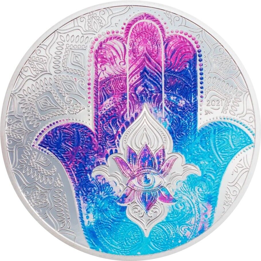 1 Oz Silver Coin 2021 Palau $5 Color Proof Hand of Hamsa-classypw.com-1