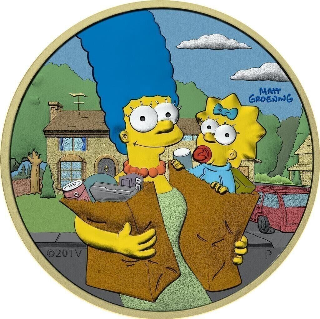 1 Oz Silver Coin 2021 Tuvalu $1 The Simpsons Marge &amp; Maggie Day Colored Coin