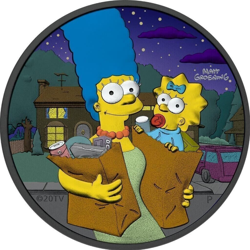1 Oz Silver Coin 2021 Tuvalu $1 The Simpsons Marge &amp; Maggie Night Colored Coin